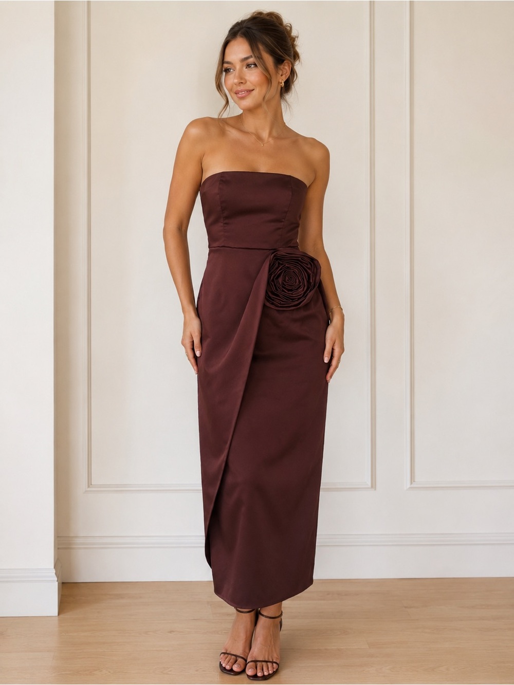 Ronny Kobo Collection Strapless Rosette Midi Dress in Chocolate